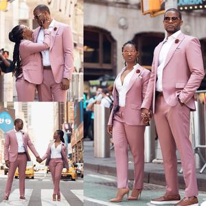 High Quality Couples Formal Tuxedos Pink Slim Fit Business Suits Groom Wedding Prom Party Outfit Jacket Pants251B