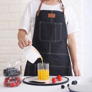 Tablier de cuisine en jean et cuir de haute qualité, tabliers de serveur coréens avec poches, outil de cuisine pour restaurant, magasin d'outils de cuisine, tablier de travail d'art