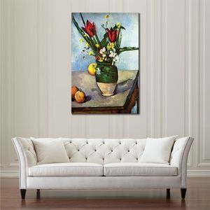 Alta calidad hecha a mano Paul Cezanne pintura al óleo tulipanes y manzanas paisaje lienzo arte hermosa decoración de pared