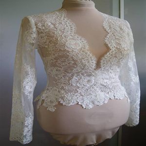 Chaqueta nupcial de encaje marfil de alta calidad con manga larga con cuello en V Bolero hecho a medida accesorios nupciales para vestido de novia 2919