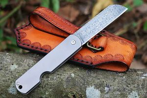 Cuchillo plegable de bolsillo M7691 de alta calidad 8Cr13Mov Hoja de acero de Damasco Acabado CNC Mango de aleación de titanio Cuchillos de frutas con engranaje EDC para exteriores con funda de cuero