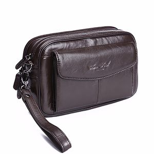 Bolso de mano de alta calidad para hombre, billeteras de negocios de cuero genuino para hombre, funda de teléfono móvil con cremallera de piel