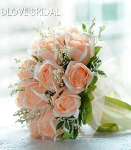 Bouquet de mariée rose pêche de haute qualité, 18 fleurs, fleurs vertes, feuilles de mariage, 100 bouquets de demoiselle d'honneur faits à la main avec R9775799