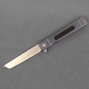High Quality R6255 Flipper Folding Knife D2 Satin Tanto Point Blade Blue TC4 Titanium Alloy With Carbon Fiber Handle Ball Bearing Fast Open Knives EDC Tools