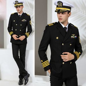 Trajes de hombre Blazers Primavera de alta calidad Crucero Ropa de trabajo Hombre Capitán Marina uniforme Manga larga Sólido Negro Hombres Trajes Sombrero Chaqueta Pantalones Accesorios Conjuntos