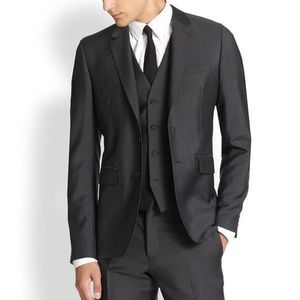 Alta calidad dos botones gris carbón novio esmoquin muesca solapa hombres trajes 3 piezas boda/graduación/cena Blazer (chaqueta + Pantalones + chaleco + corbata) W598