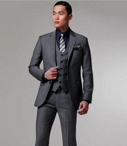 Alta calidad dos botones gris oscuro novio esmoquin muesca solapa padrinos de boda hombres trajes de boda ropa de graduación (chaqueta + Pantalones + chaleco)