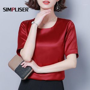 Blusas de mujer Camisas de alta calidad Mujer Verano Fresco Seda sintética Mujer Casual Tops Tops Plus Tamaño 4XL Femme Ropa Púrpura Rosa1