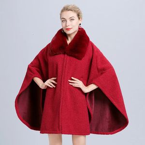 Haute qualité femmes vêtements de sortie d'hiver veste fausse fourrure col manteau grande taille Aline laine solide Poncho bureau dame chaud Capes 240115