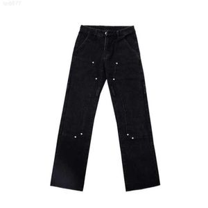 High Street Fashion Brand Vibe Wind Rivet Design Pantalon en bois épissé à double genou Tube droit Coupe ample Jeansn11w