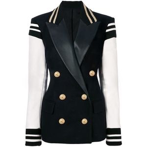 High Street Moda Elegante Blazer Varsity Chaqueta Mujer Manga de cuero Patchwork Lion Botones Blazer LJ201214