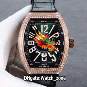 Versión alta Vanguard V45 SC DT Yachting Dragon Totem Dial negro Miyota Reloj automático para hombre Caja de diamantes en oro rosa Relojes con correa de cuero