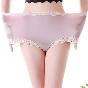 Bragas de cintura alta de gran tamaño, bragas sexis de seda satinada sin costuras, ropa interior con adornos de encaje, lencería suave y elástica, bragas de mujer rosa 5xl328j