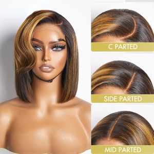 Perruque Bob Lace Front Wig naturelle lisse, cheveux courts et lisses, 13x4 HD, à reflets, 1B/30, pour femmes