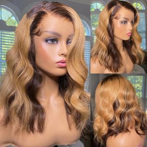 Perruque Lace Frontal Wig naturelle péruvienne ondulée, cheveux humains, à reflets blond miel, 360 HD, naissance de cheveux vierge naturelle, fermeture 5x5, partie en T