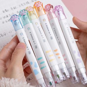 Highlighters 6pcs Kawaii Cat Claw Highlighters Double Head 12 Color Fluorescent Art Markers Korean Stationery Cute School Office Supplies J230302
