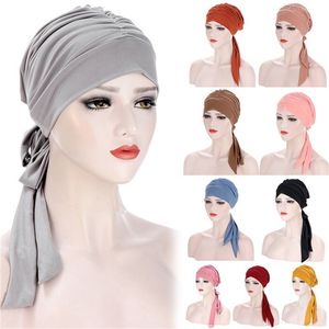 Hijabs Muslim Women Stretch Solid Wrinkle Turban Hat Cancer Chemo Beanies Caps PreTied Scarf Headwear Headwrap Plated Hair Accessories 230426