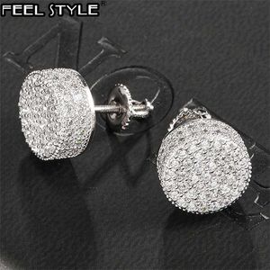 Hip HOP 1 paire Micro entièrement pavé rond Zircon CZ pierre Bling glacé boucle d'oreille boucles d'oreilles en cuivre pour hommes bijoux 220125