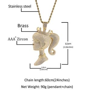 Hip Hop AAA CZ Stone Paved Bling Iced Out Crown CARBIE Queen Pendants Necklace for Men Women Unisex Rapper Jewelry Gift277U