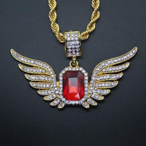 Hip Hop Angel Wings con collar colgante de rubí rojo grande para hombres mujeres joyas de joyería238w