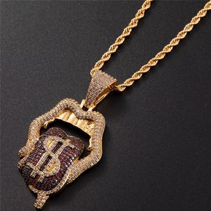 Hip Hop garra ajuste CZ piedra Bling helado dólares boca lengua colgantes collares para hombres rapero joyería gota 311V