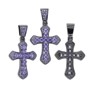 hip hop croix pendentif collier pavé violet cz pierre plaqué or noir avec corde chaîne pour femmes hommes dame fille garçon punk styles colliers bijoux cadeau
