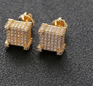 Boucles d'oreilles hip hop pour hommes en or argent glacé out de boucle d'oreille carrée carrée avec bijoux de vis