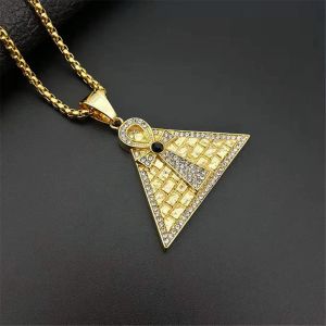 Hip Hop pyramide égyptienne Ankh croix pendentif collier 14k or jaune glacé Zircon Bling charme bijoux