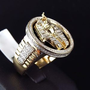 Hip Hop Color oro plata rey egipcio Tutankamón anillo Egipto faraón rey motorista hombres Icro piedra pavimentada anillos redondos 222D