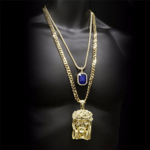 Hip hop Golden Crowned Jesus Head Pendentif Iced Out Square Gem Crystal Necklace Set Chaîne cubaine