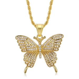 Hip Hop glacé Bing papillon pendentif mâle couleur dorée 14k or jaune collier Animal pour hommes Punk bijoux cadeau
