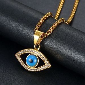 Colliers Hip Hop glacés bleu mauvais yeux, couleur dorée, or jaune 14k, pendentif œil CZ, bijoux turcs