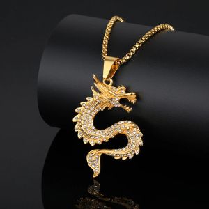 Hip Hop glacé Bling pendentif Dragon chinois déclaration mâle couleur dorée 14k or jaune collier Animal pour hommes bijoux cadeau