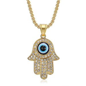 Hip Hop – pendentif mauvais œil glacé, couleur dorée, or jaune 14k, collier Hasma main de Fatima pour bijoux turcs