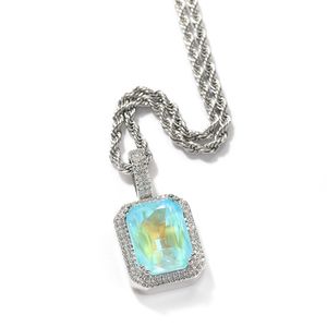 Hip Hop glacé Zircon Fluorescent carré solide dos gemme pendentif colliers hommes diamant collier