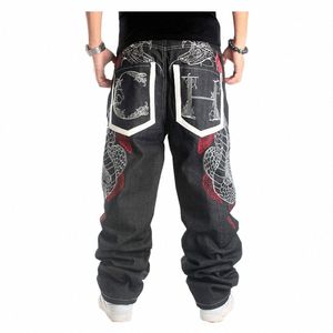 Jeans hip hop streetwear Homme grande taille pantalon en denim baggy ample broderie serpent pantalon droit lg pour hommes c2nF #