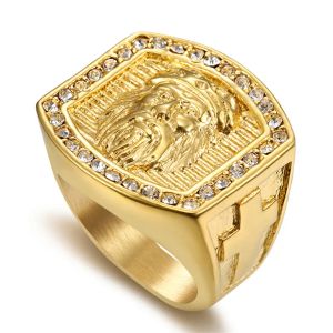 Hip Hop bijoux glacé jésus croix Bague couleur dorée 14k or jaune anneaux pour hommes bijoux religieux livraison directe Bague homme