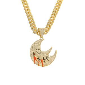 Hip Hop Rapper Men collier en or avec pendentif en diamant brillant Iced out Pendentif lune drôle micro-insert bijoux en zircon complet boîte de nuit punk 50cm Miami chaîne cubaine 1561