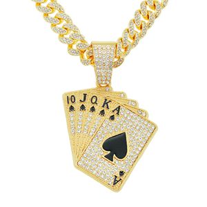 Hip Hop Rapper Men brillante diamante colgante collar de oro Iced out playing cards colgante micro-inset full zircon jewelry night club punk 50cm Cadena cubana 1540