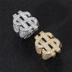 Hip Hop Side Stones Finger Rings 18K Gold Plated Dollar Sign Ring Iced Out Full Zircon Mens Bling Jewelry Gift