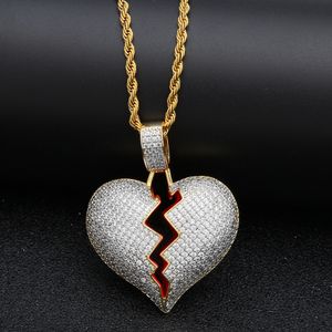 Hip Hop solide coeur brisé glacé pendentif collier breloque pour hommes femmes couleur or bijoux en Zircon cubique