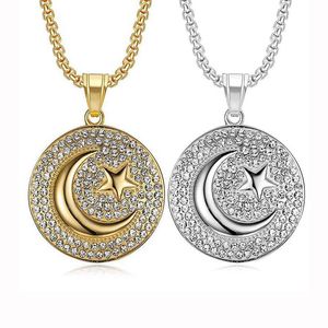 Hip Hop Star Moon Big Circle Collares pendientes Joyería de acero inoxidable 316L Etiquetas redondas Shiny CZ Hombres Mujeres Hip-Hop Popular Trendy Rapper Accessories Gold Silver Jewelry