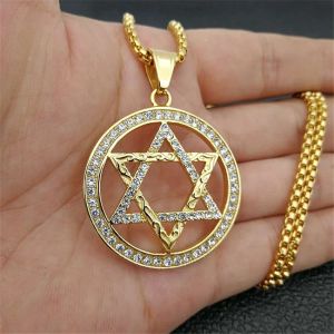 Hip Hop étoile de David pendentif collier couleur dorée 14k or jaune hexagramme collier pour femmes/hommes glacé Bling bijoux juifs