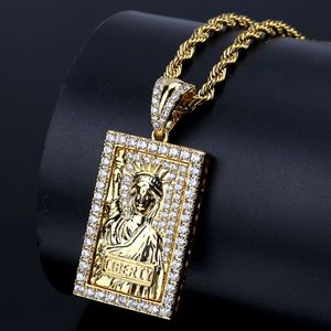 Hip Hop Vintage Lady Liberty colgante collar completo 5A Zircon 18k chapado en oro real mujeres hombres joyería regalo