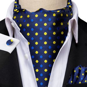 Hittie Silk Blue Yellow Dots Mens Ascot Tie Tie à bouffées de manchette Hanky Set Jacquard Woven Cravat pour les hommes d'honneur masculins Business 240409