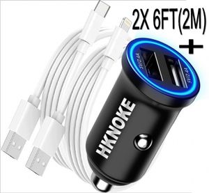 HKNOKE chargeur allume-cigare USB 4.8A adaptateur de prise rapide chargeur de voiture iPhone avec câble de 2 M 6 pieds pour téléphone portable