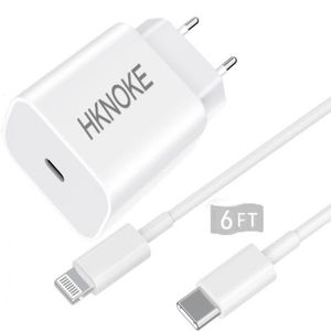 HKNOKE Chargeur rapide USB C 20 W de haute qualité avec câble de 1,8 m Prise d'alimentation murale USBC Adaptateur secteur de type C pour iPhone 13/13 Mini/ Pro/ 13 Pro Max/ 12/12 Mini/ 12 Pro/ AirPods