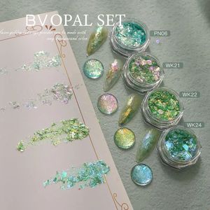 HNDO GREEN COLOR 4 PCS Set Opal Powder Powling Nail Art Decoration Flakes Iridescent Pigment Dust for Manucure Design 240415