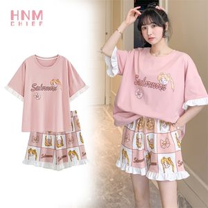 HNMCHIEF Pyjamas Femmes Shorts Ensembles 2 Pièces Ensemble Maison Casual Mignon Étudiant Marin Chemise De Nuit Lune Anime Pyjamas Grande Taille Vêtements De Nuit 220321