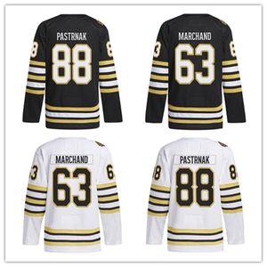 Jerseys de hockey David Pastrnak 88 Brad Marchand 63 Patrice Bergeron 37 Black White Color 100th Anniversary S-xxxl Ed Men Jersey